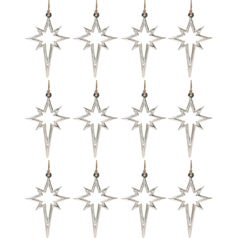 Rustic Metal Star Hanging Ornaments &ndash; Set of 12 Holiday Decorations for Tree, Gift Wrap, or Seasonal Displays
