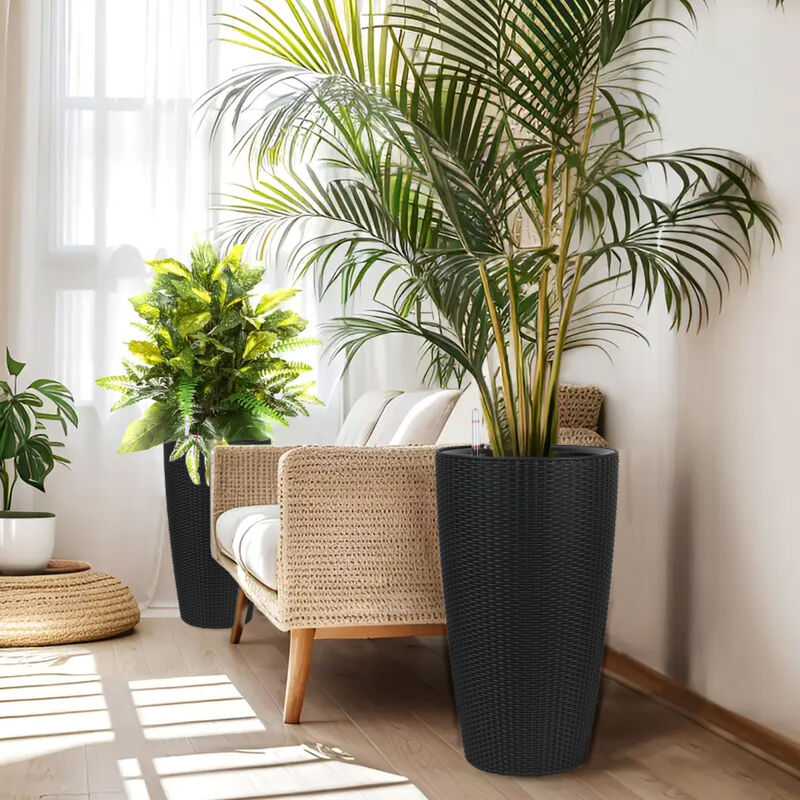 WOW PIONEER Set of 2 Large Faux Rattan Tall Planters for Indoor Outdoor Use with Automatic Watering System Water Level Monitor Inner Bucket for Garden Patio Porch Backyard image number 7