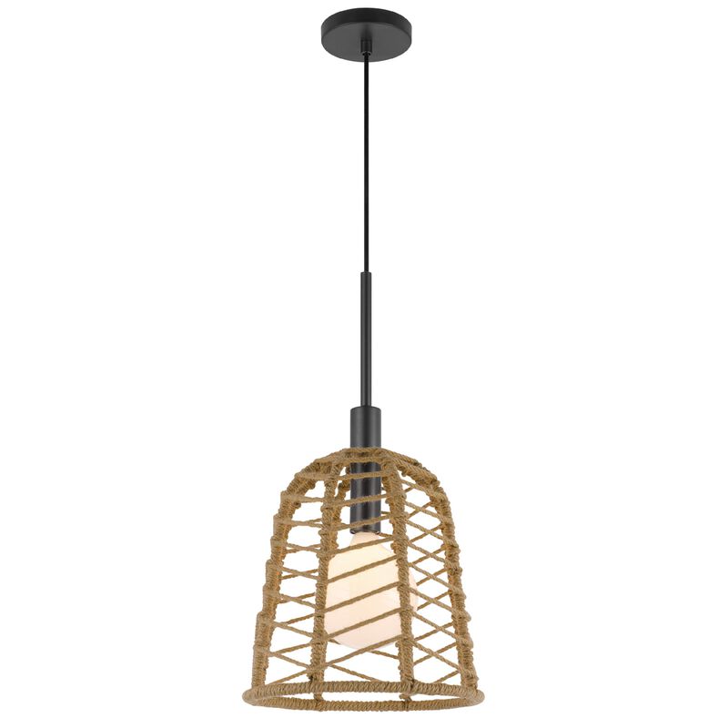 Pendant Light, Bell Style Caged Body with Braided Burlap Rope, Black Metal image number 2