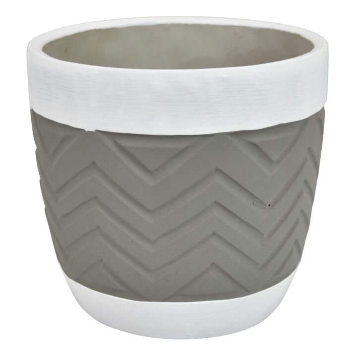 Decorative Planter, Chevron Design, Gray and White 7 Inch Terracotta