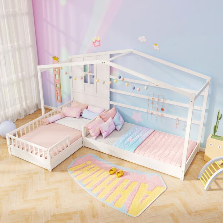 Hivvago L-shaped Double Twin Beds House Platform Beds with Fences Corner Bed Frame