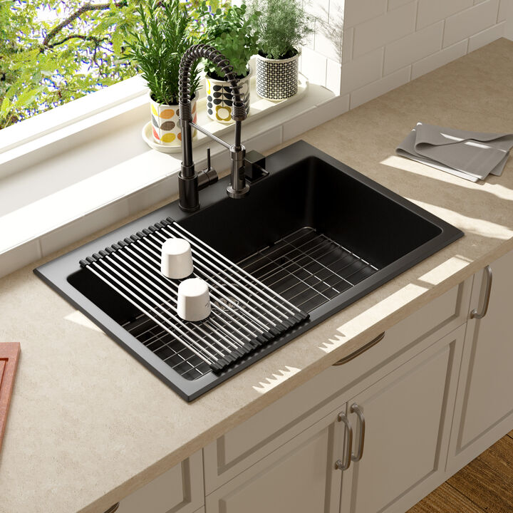 33x22x10 Inch Black Granite Composite Drop In kitchen Sink Single Bowl Quartz Kitchen Sink With Beveled Edge