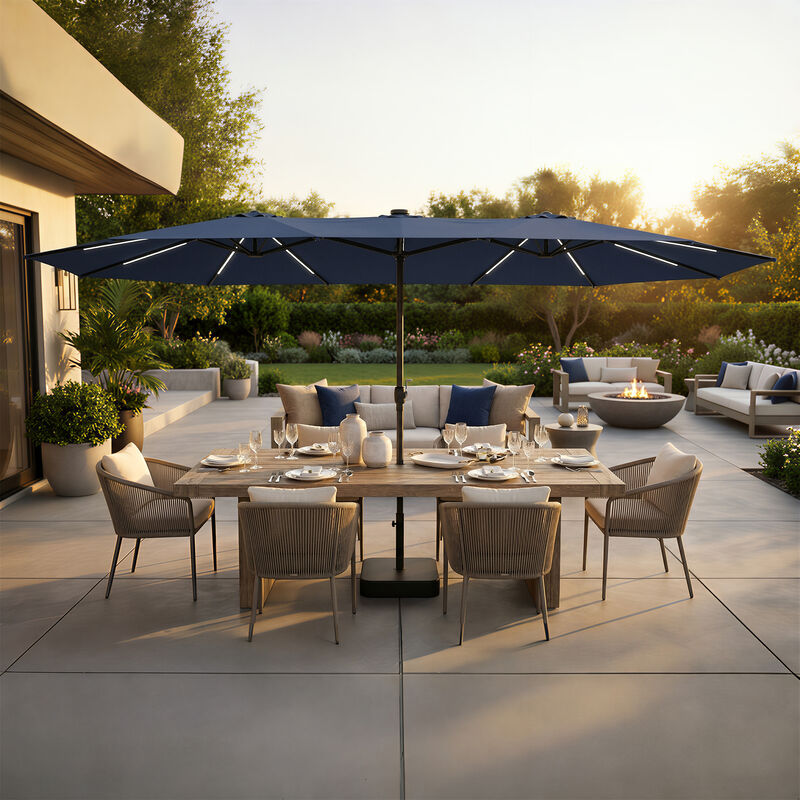 FUFU&GAGA 15-ft x 9-ft Navy Blue Large Outdoor Sunshade Double-Top Patio Umbrella with Solar Panel, Lights & Cross Tile Base, Adjustable Cantilever Umbrella image number 2