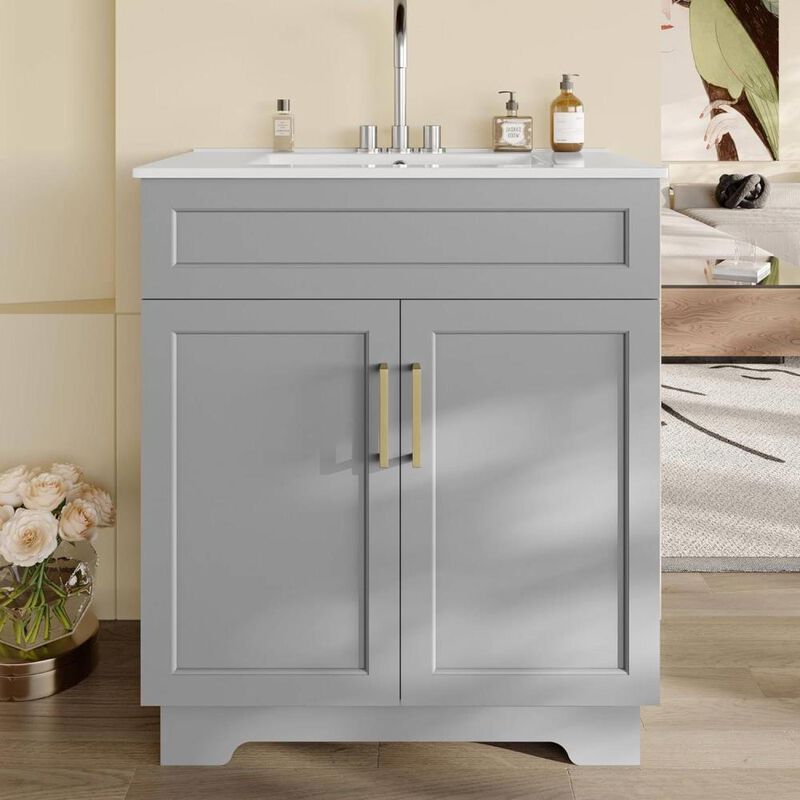 Hivvago Modern 30-inch Gray Wood Finish Bathroom Vanity with White Ceramic Sink image number 1