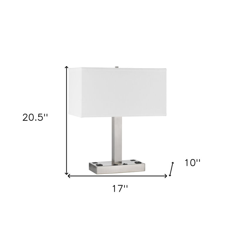 Hivvago 21" Nickel Metal Two Light Desk USB Table Lamp With White Shade