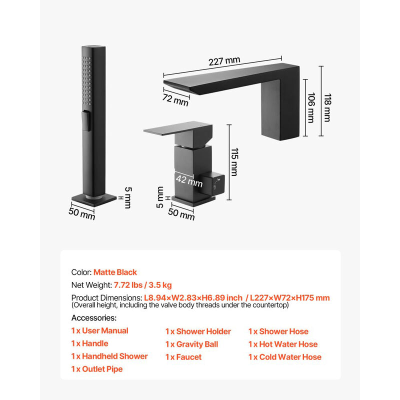 Waterfall Roman Tub Faucet Set with Handheld Shower, 3 Hole Bathtub Faucet-     Matte Black image number 2