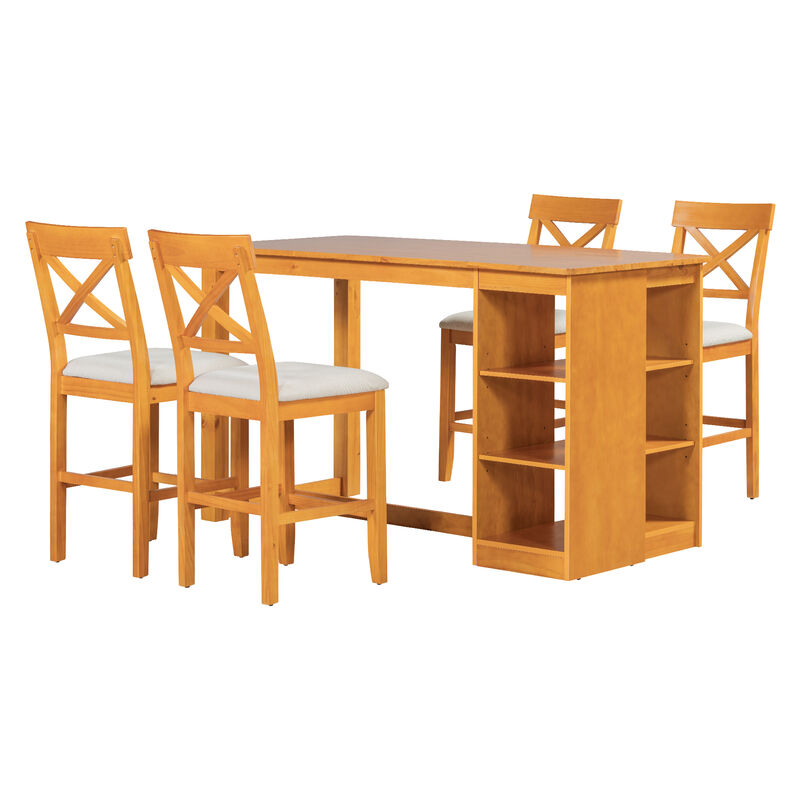 Merax Solid Wood Farmhouse Counter Height Dining Table Set with 3-Tier Storage Shelves