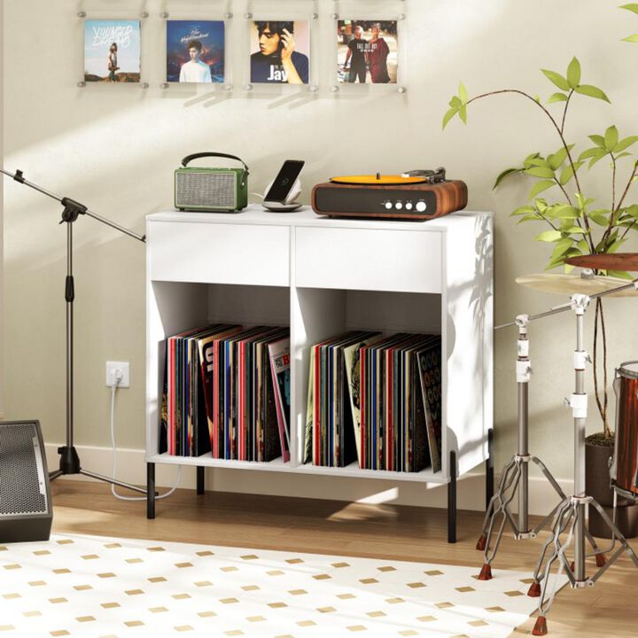 Hivvago Record Player Stand with Power Outlets Double Wide Turntable Stand Vinyl Record Storage Table