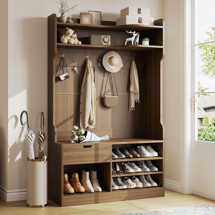 Hall Tree with Bench and Shoe Storage, 5-in-1 Entryway Hall Tree with Coat Rack, Hidden Drawer, 7 Coat Hooks, 3-Tier Shoe Storage for Hallway