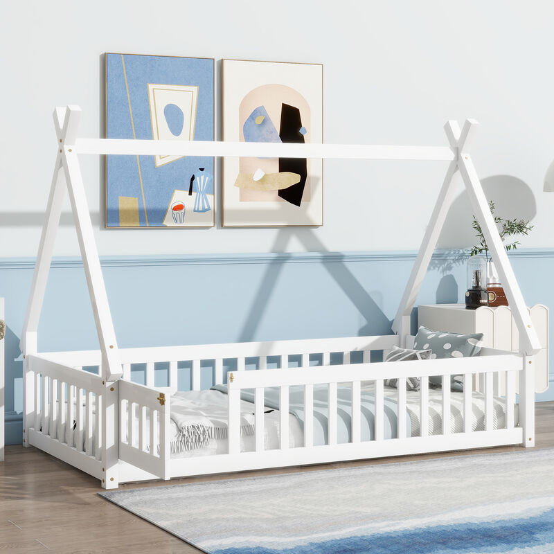 Whisen Wooden Teepee Tent Bed with Guardrails and Slats, Twin Floor Bed with Door for Kids image number 2