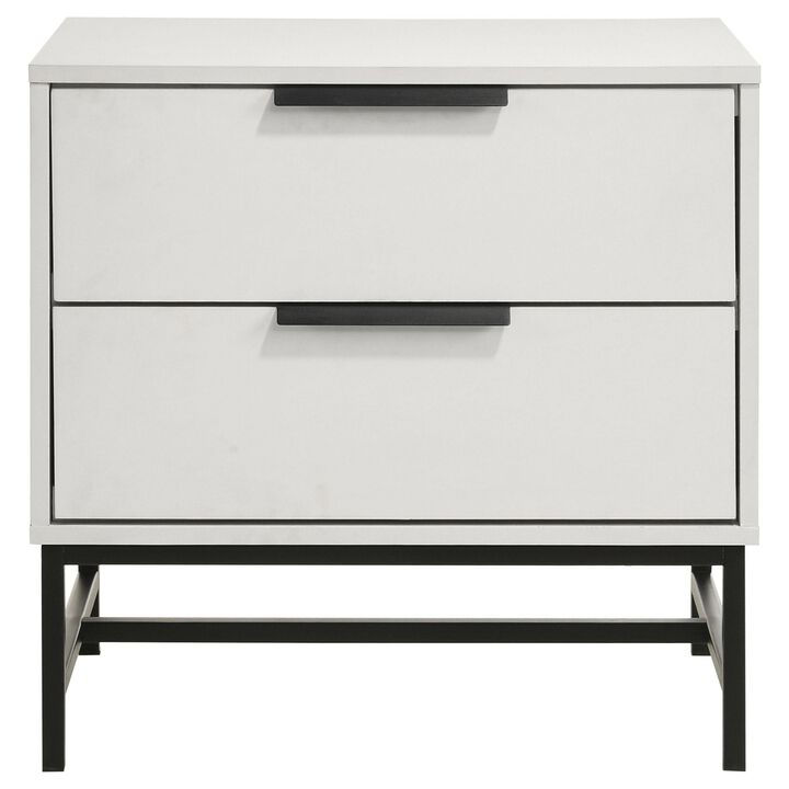 Noro Nightstand, 24 Inch, 2 Storage Drawers, Modern White, Black Metal