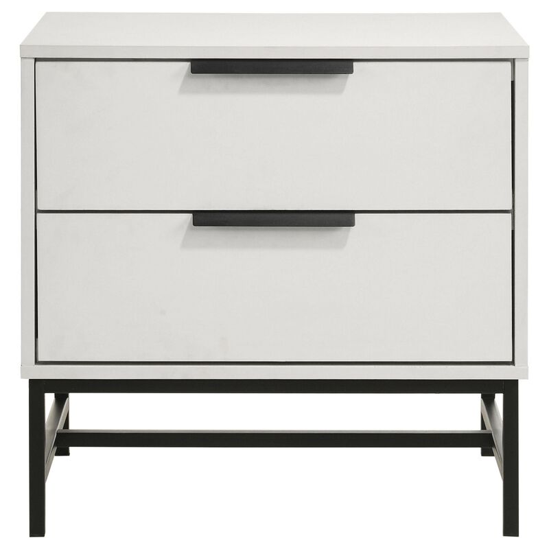 Noro Nightstand, 24 Inch, 2 Storage Drawers, Modern White, Black Metal
