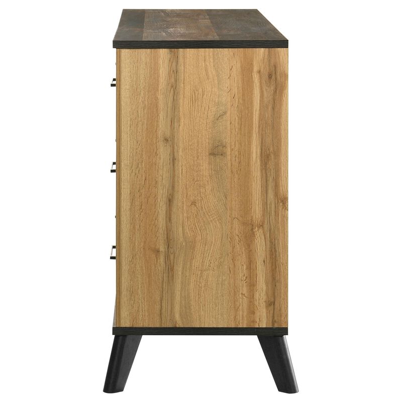 Wemy Wide Dresser w 6 Drawers, Metal Legs, Weathered Brown Pine Wood - Benzara