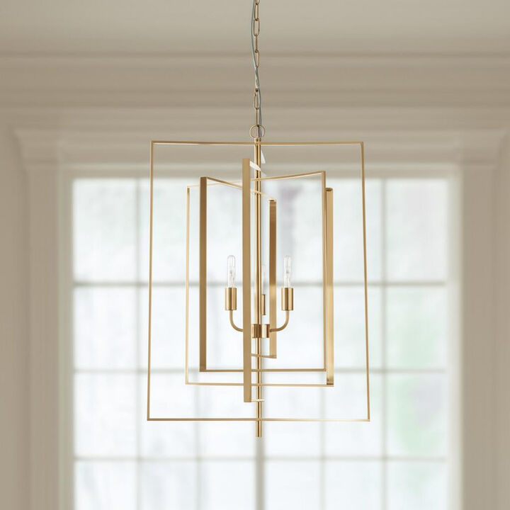 HomeRoots Antiqued Gold Geometric Four Light Metal Dimmable Chandelier
