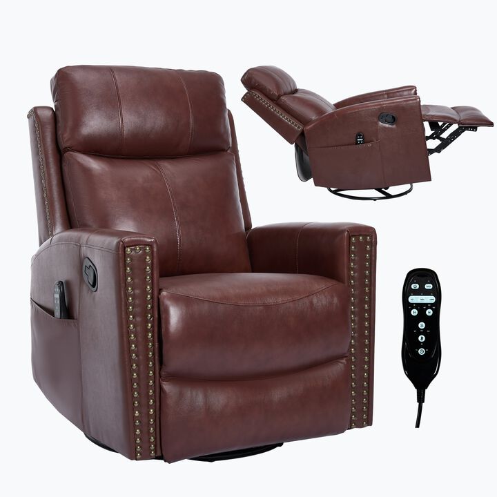 Genuine Leather Heat Massage Manual Recliner Chair with Rocker and Swivel for Living Room