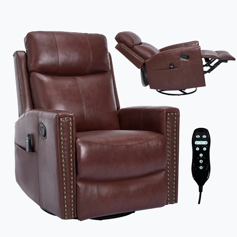 Genuine Leather Heat Massage Manual Recliner Chair with Rocker and Swivel for Living Room image number 0