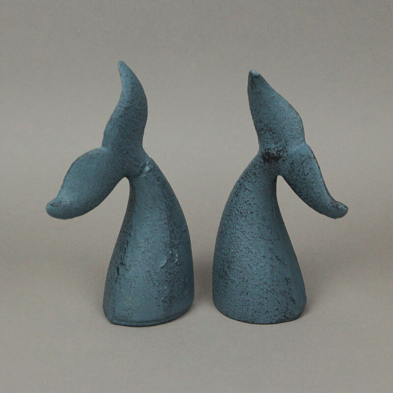 Set of 2 Blue Cast Iron Whale Tail Bookends Nautical Home Decor Bookshelf image number 3