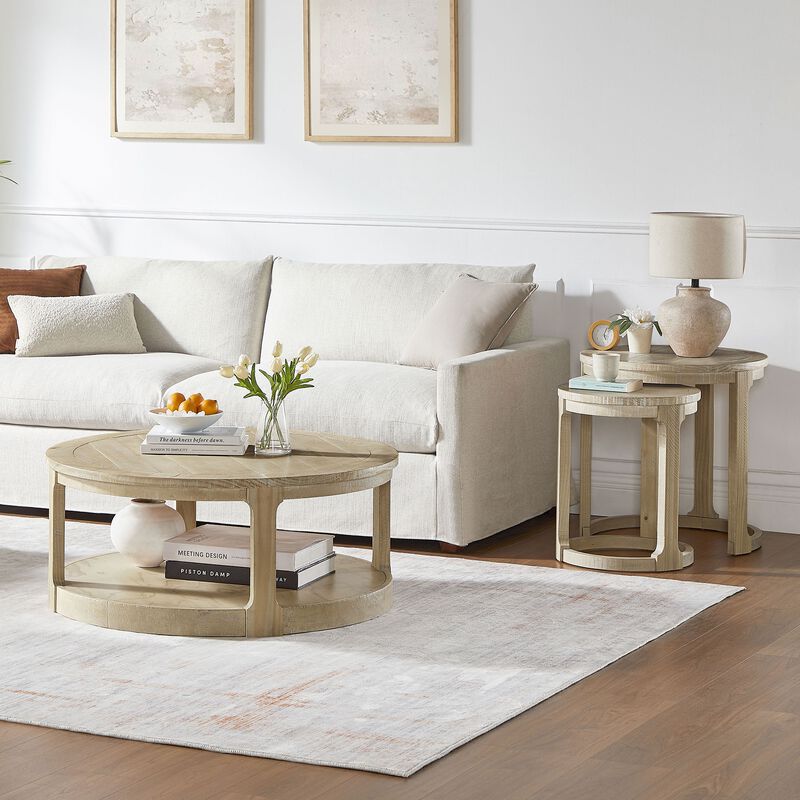 Large Curved 2-Tier Traditional Round Wooden Center Coffee Table Set,Mid-Century Rustic Style Round Table with Wheels (1 Coffee Table + 1 Side Table) image number 2