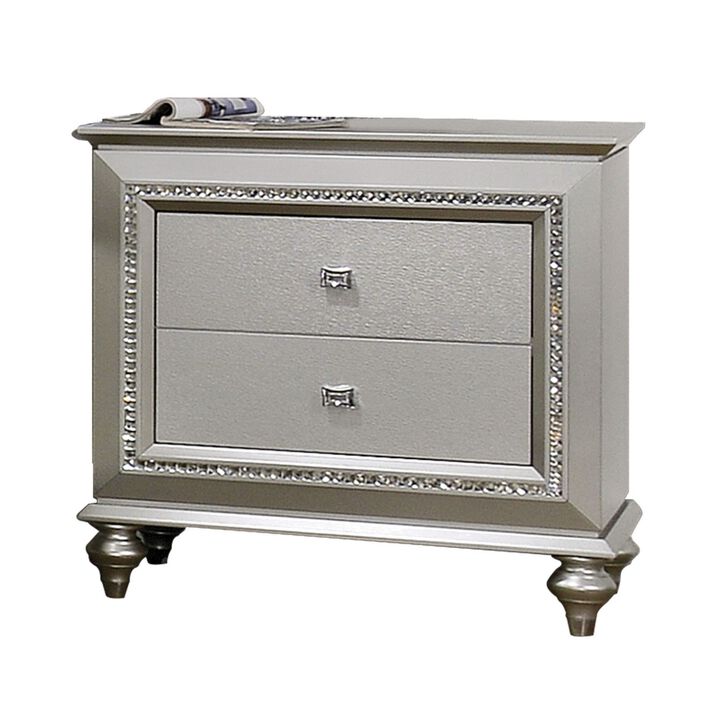 2 Drawer Spacious Nightstand with Mirror Beveled Pulls, Silver-Benzara