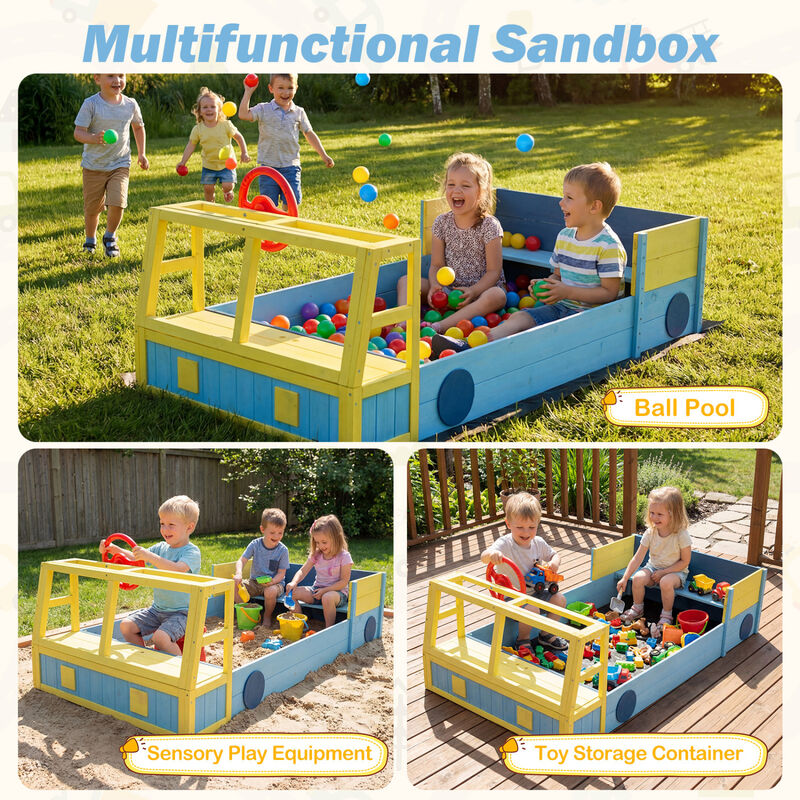 Large Car Style Sandbox with Wooden Frame and Bottom Liner for Kids Outdoor Play-Blue image number 5