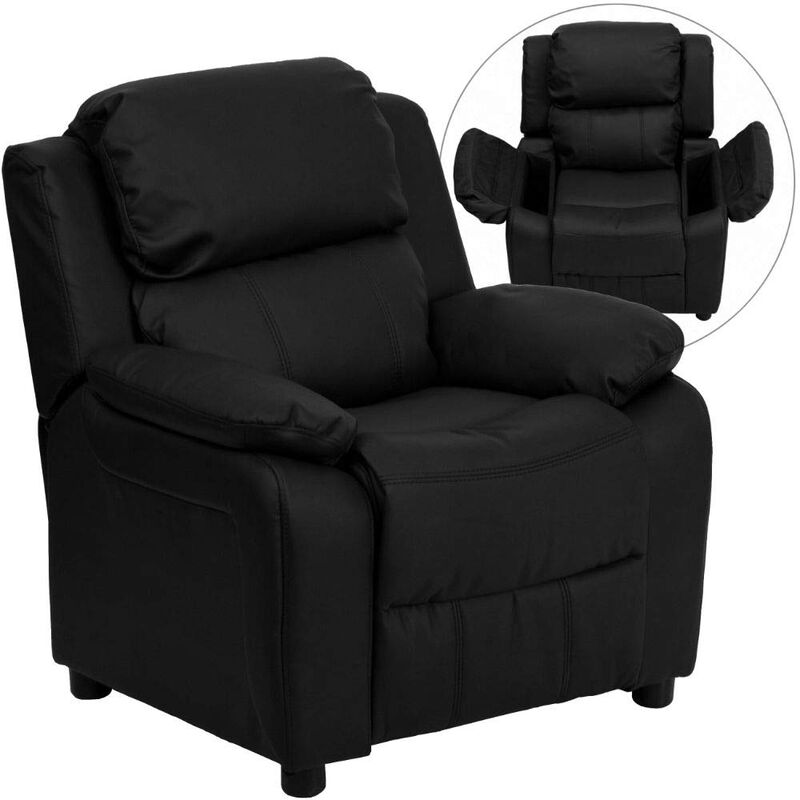 Flash Furniture Charlie LeatherSoft Kids Recliner with Flip-Up Storage Arms and Safety Recline, Contemporary Reclining Chair for Kids, Supports up to 90 lbs., Black