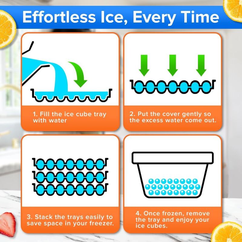 Round Ice Cube Tray with Lid and Bin &ndash; Creates 1664 Ice Balls (0.60 Inch Size), Stackable Ice Cube Trays, Easy-Release Ice Balls for Drinks and Cocktails, Pack of 4 (16 Trays), Blue