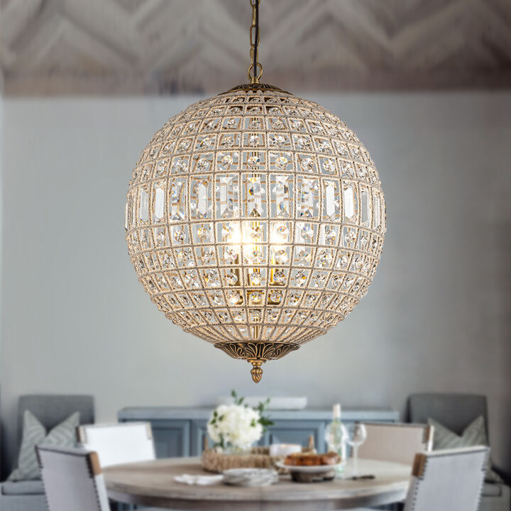 3-Light 18" Handmade Antique Bronze French Vintage Crystal Globe Chandelier