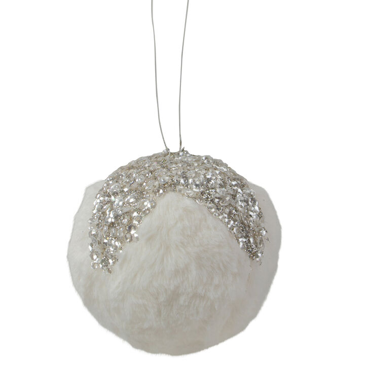 4.25" Glittered White and Silver Sequined Christmas Ball Ornament