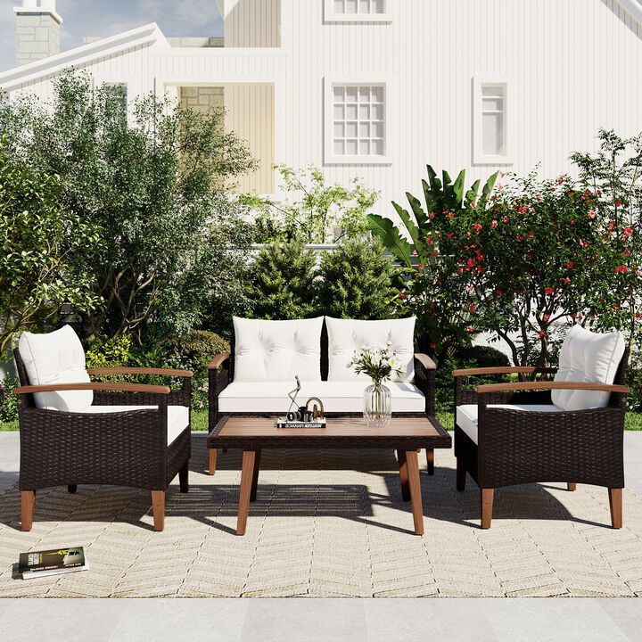 4-Piece Garden Furniture, Patio Seating Set, PE Rattan Outdoor Sofa Set, Wood Table and Legs, Brown and Beige