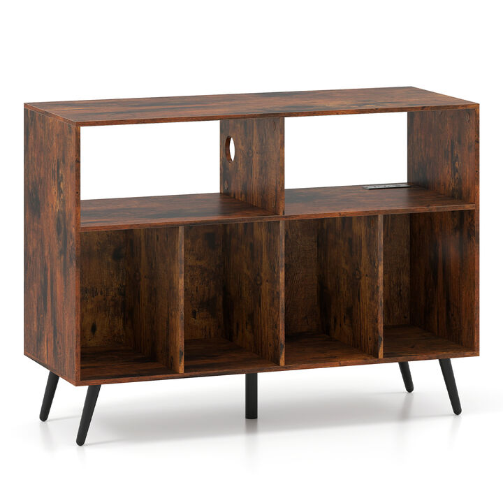 Record Player Stand with Charging Dock and Open Shelves for Media-Rustic Brown