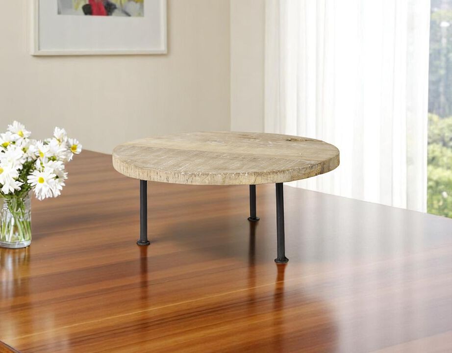 HomeRoots 15" Light Brown And Black Round Solid Wood Handmade Riser Tray