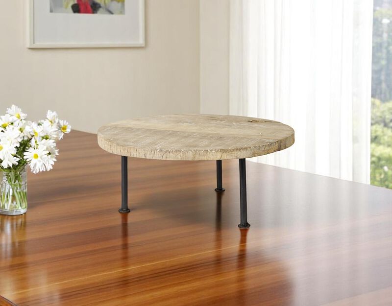 HomeRoots 15" Light Brown And Black Round Solid Wood Handmade Riser Tray image number 1