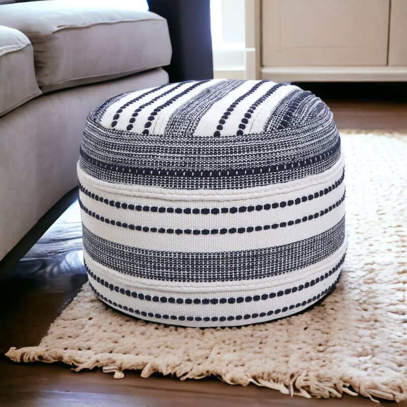 Hivvago 18 Inch Blue Cotton Cylinder Striped Pouf Ottoman