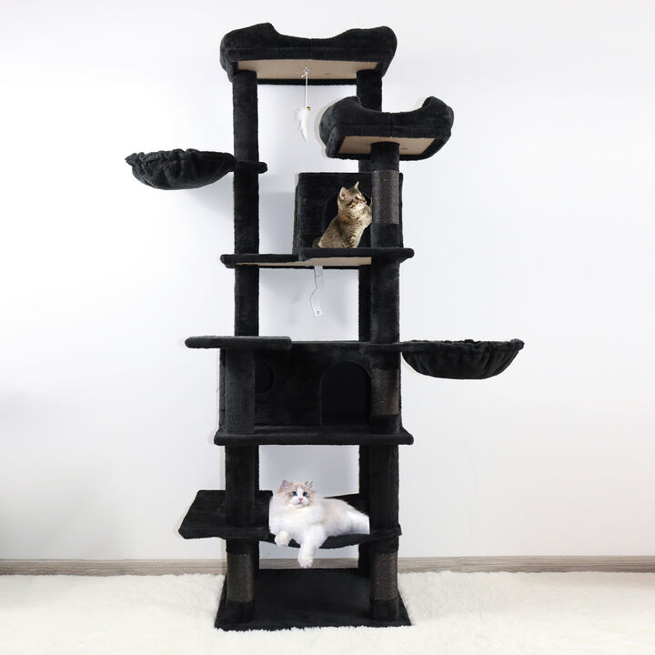Whisen 68" Multi-Level Cat Tree with Hammocks, Hanging Basket, Cat Cave, Removeable Cushion, Scratching Posts