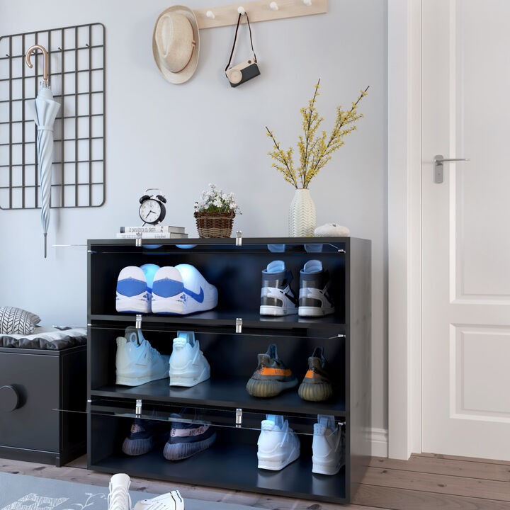 GOODSILO Stackable Shoe Storage Cabinet with Sliding Glass Doors and RGB LED Lighting Durable Footwear Organizer for Entryway Bedroom Closet Display