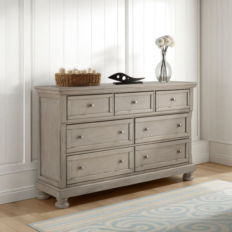 Ryno Wide Dresser, 7 Drawers, Pull Out Tray, Silver Round Knobs, Gray - Benzara