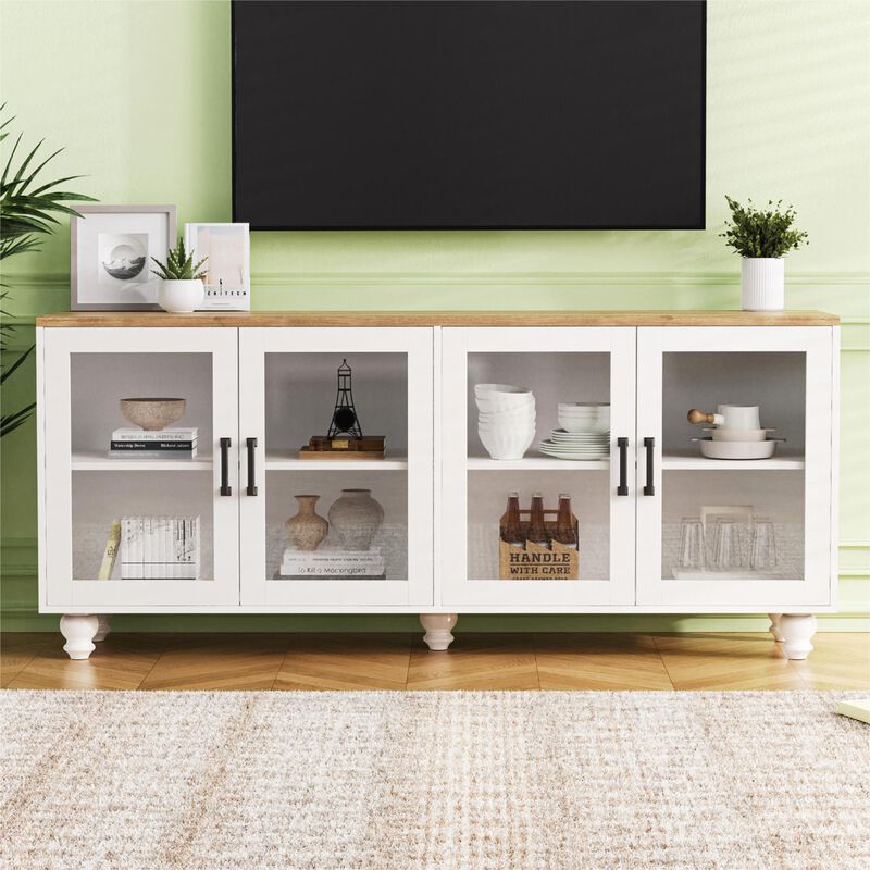 Clihome Farmhouse TV Stand with Tempered Glass Doors for TVs Up to 70", Versatile Sideboard with Adjustable Shelves, Elegant Buffet Cabinet with 5 Solid Wood Gourd-Shaped Legs for Living Room