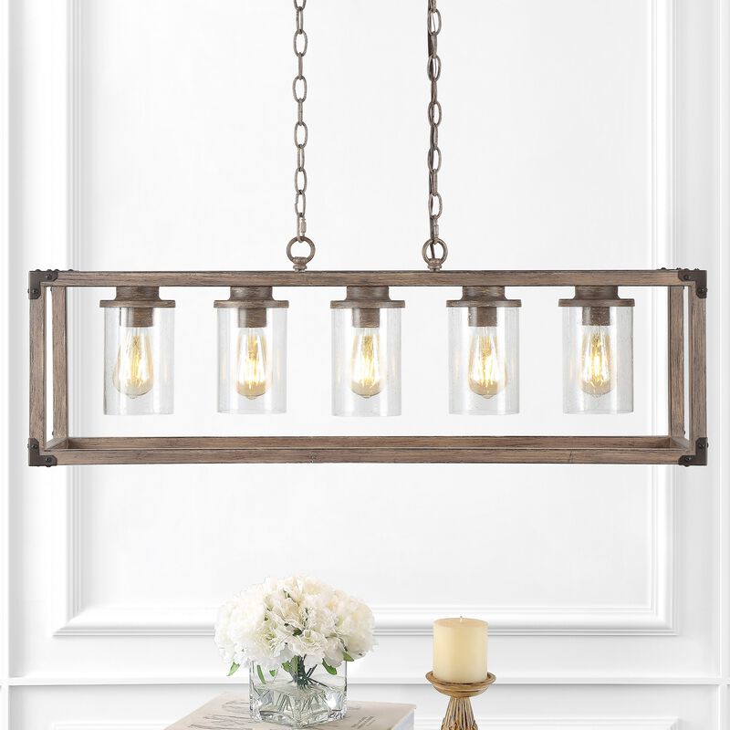 Zeniba 5-Light Linear Adjustable Iron/Seeded Glass Rustic Farmhouse LED Pendant
