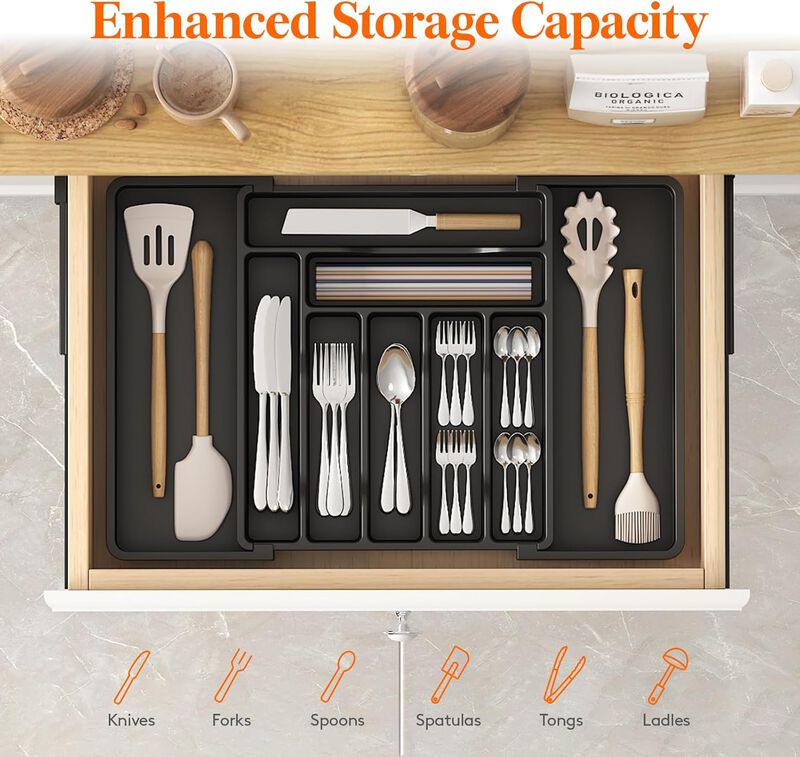 Expandable Drawer Organizer Utensil Tray Adjustable Storage Flatware and Cutlery image number 1