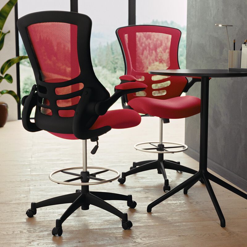 Flash Furniture Kelista Mid-Back Red Mesh Ergonomic Drafting Chair | Adjustable Foot Ring, Flip-Up Arms | Comfort and Productivity