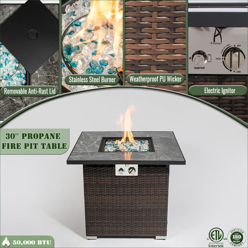 30" Propane Gas Fire Pit Table, 50000 BTU Square Fire Pit, Tile Tabletop with Wicker Base