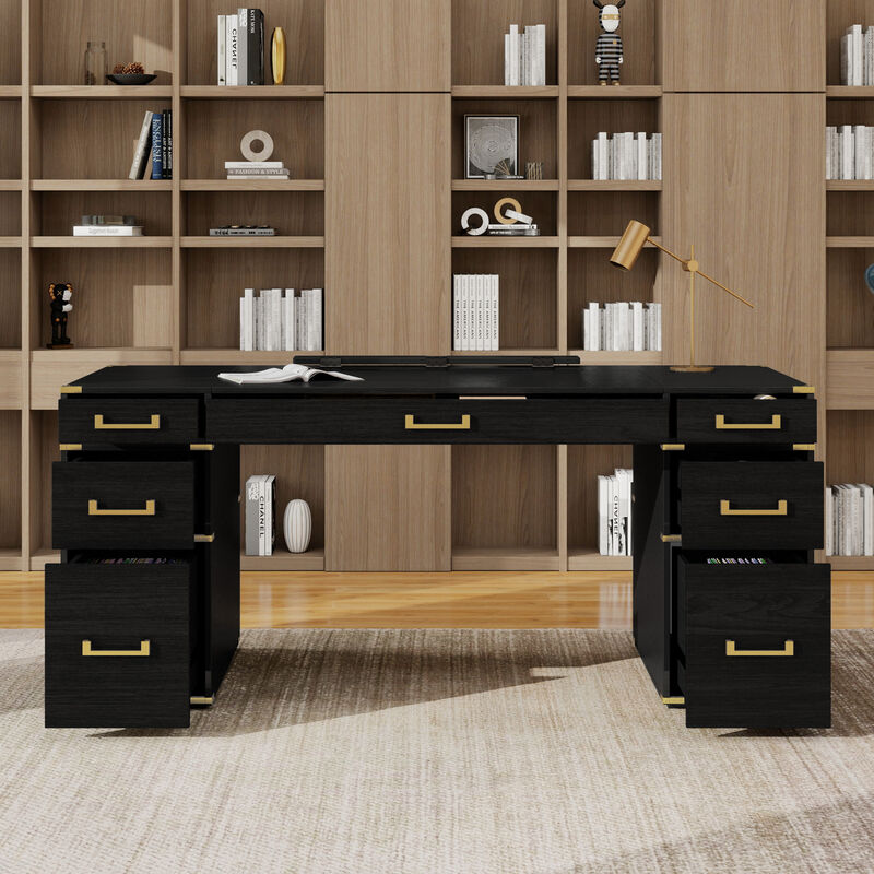 Whisen 70" Executive Desk, 7-Drawer USB MDF Metal for Home Office Study image number 2