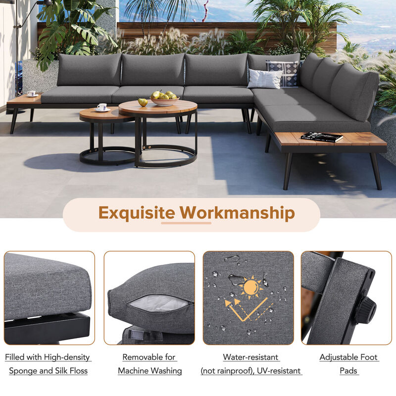 Clihome 6-Piece Outdoor Sectional Sofa Set with Round Nesting Coffee Tables and Seating Sofa with Cushions for Patio image number 7