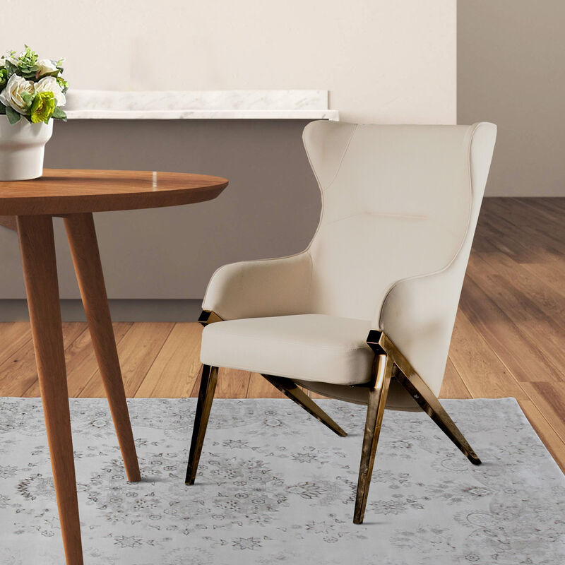 Arlo 33 Inch Accent Chair, Contoured Wingback, Beige Vegan Leather