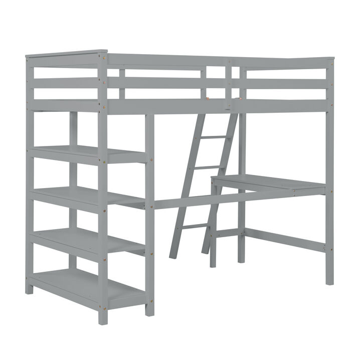 Loft Bed Twin with desk,ladder,shelves, Gray
