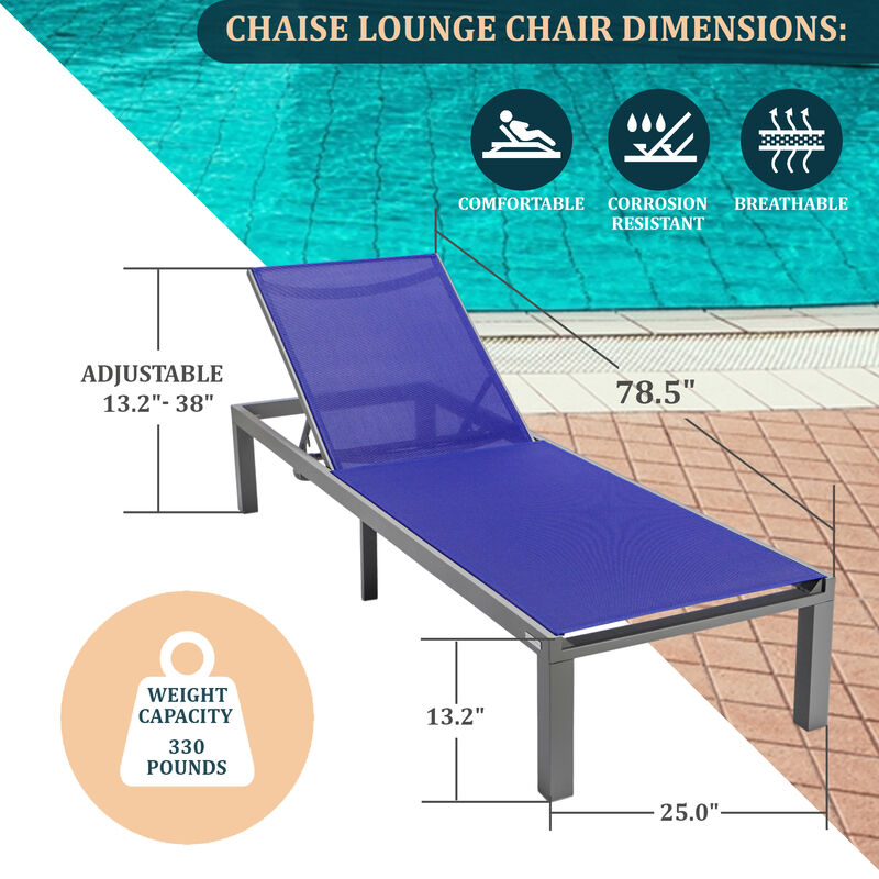LeisureMod Marlin Modern Black Aluminum Outdoor Patio Chaise Lounge Chair in Grey Frame with Square Fire Pit Side Table