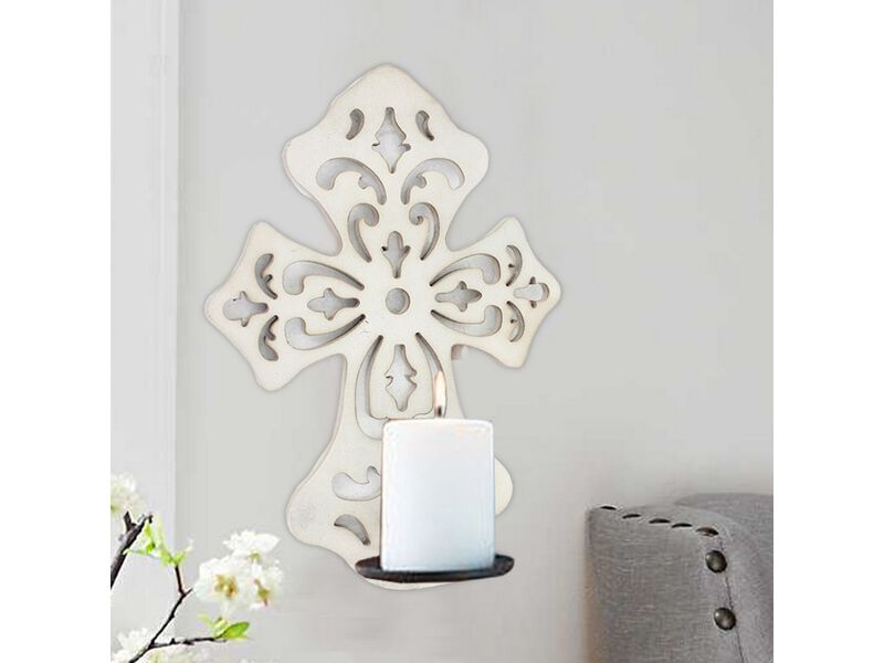 Cross Shaped Wooden Candle Holder with Scrolled Engravings, White - Benzara