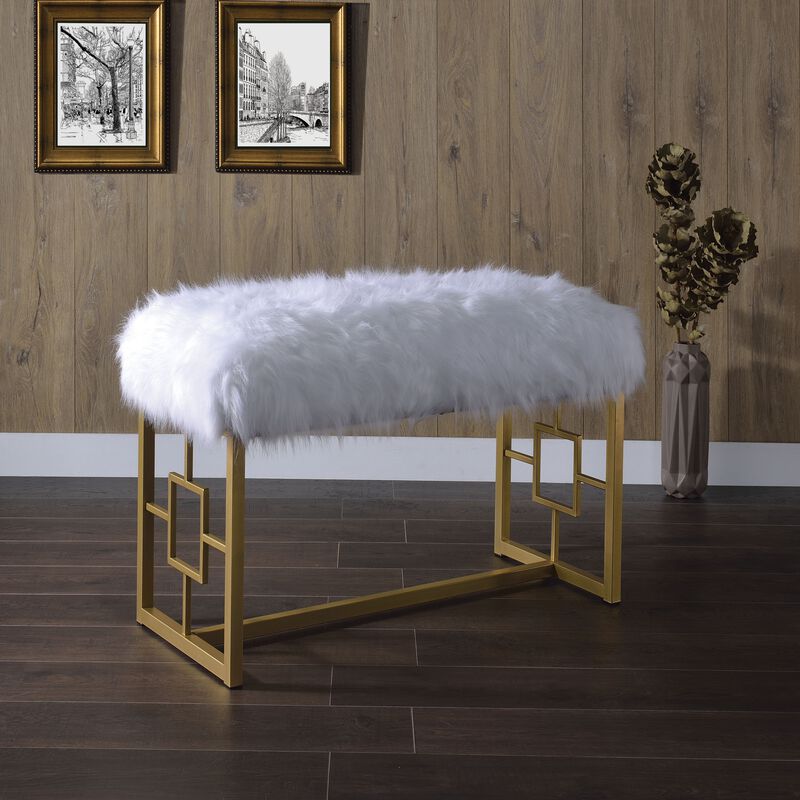 Modern Style Faux Fur Upholstered Bench with Geometrical Side Panels, White and Gold-Benzara
