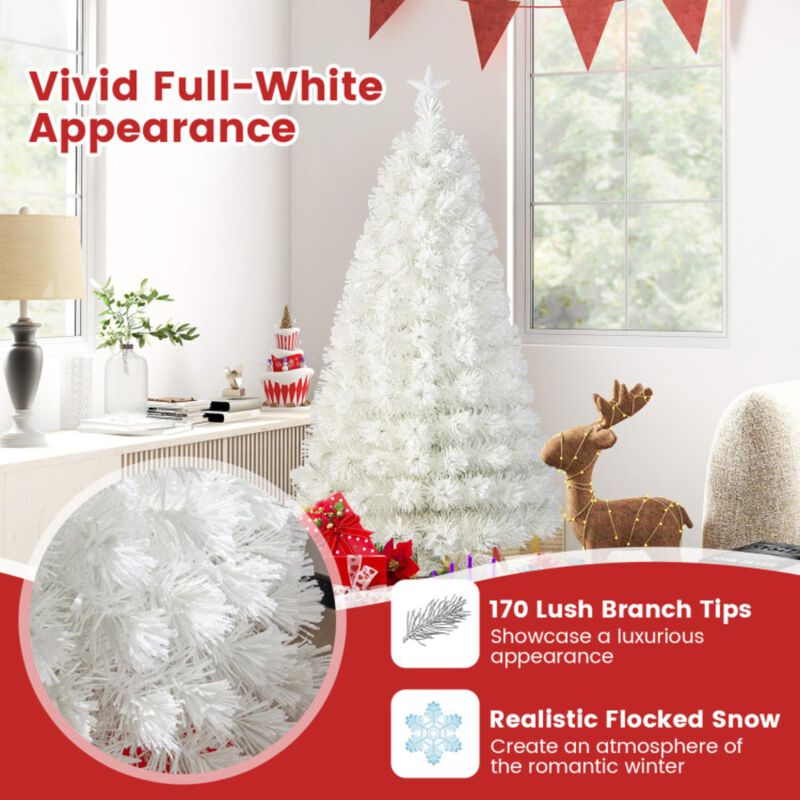 Hivvago 5/6/7 Feet Pre-Lit Fiber Optic White Snow-Flocked Artificial Christmas Tree