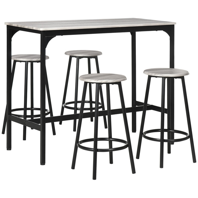 HOMCOM 5-Piece Counter Height Bar Table Set, Rustic 43.25" Dining Table with 4 Bar Stools, Kitchen Table with Wooden Top for Pub, Dining Room, Gray